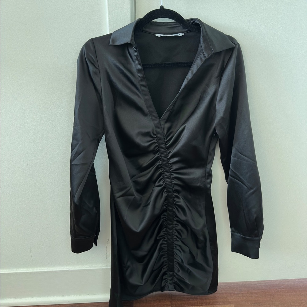 Zara Collared Satin Ruched Mini Dress